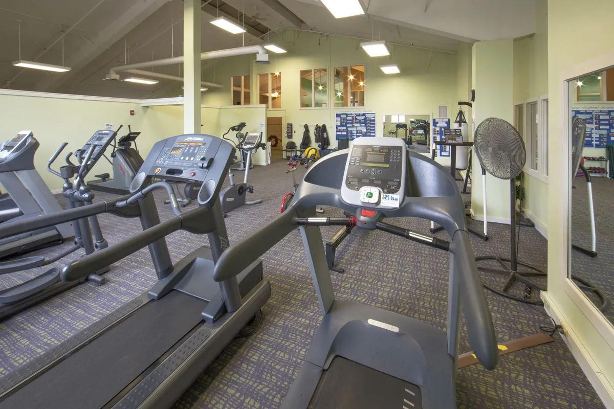 A bright, energetic fitness centre with multiple treadmills, exercise bikes, and mirrored walls. Several guests are engaged in individual workouts and a group fitness class, creating an atmosphere of motivation and activity. The room is spacious and filled with natural light.