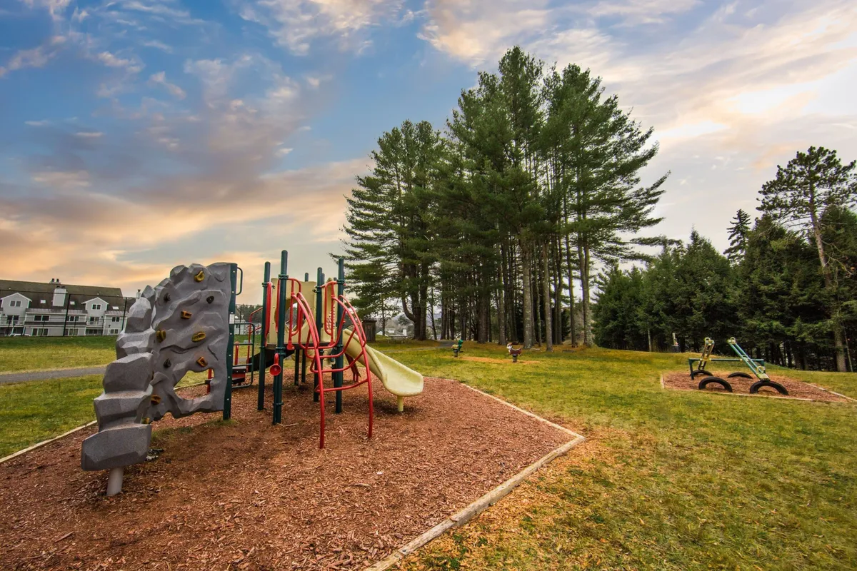 A lively outdoor playground with climbing equipment and a slide, surrounded by trees. Children are actively playing while families enjoy picnics nearby, creating a joyful and family-friendly atmosphere.